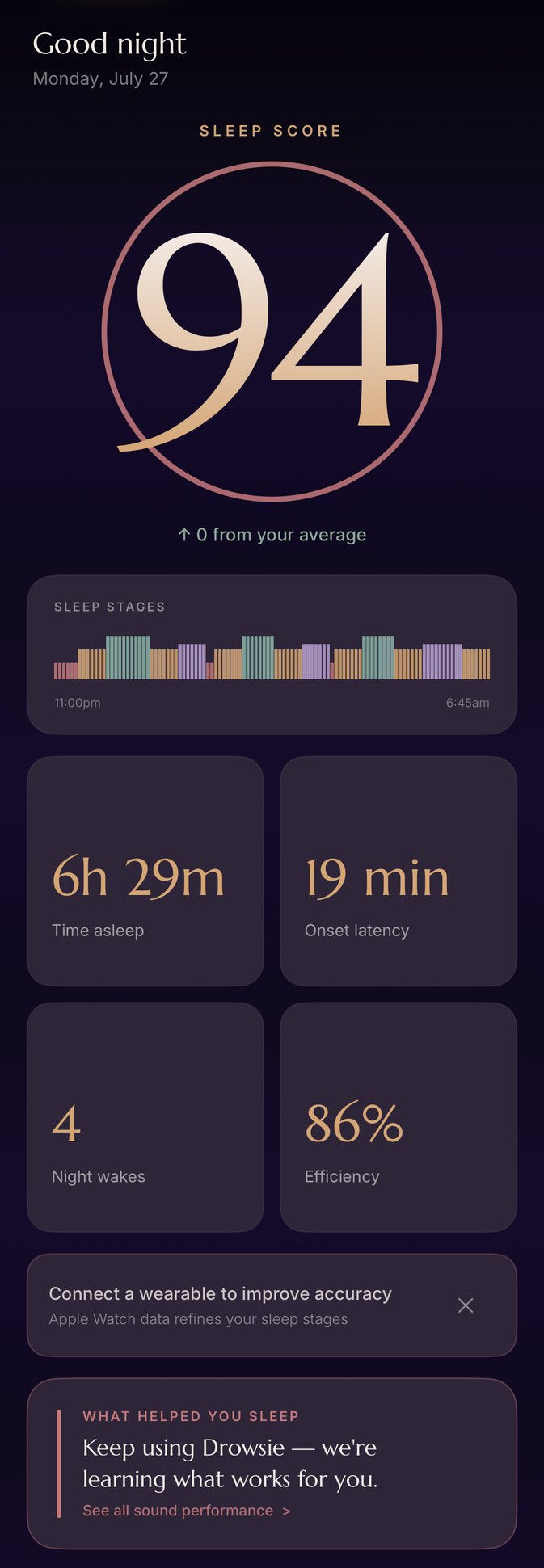 The Drowsie app — Sleep screen