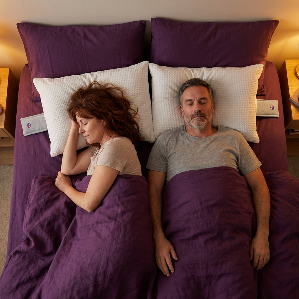 A couple asleep, seen from above, a speaker under each pillow