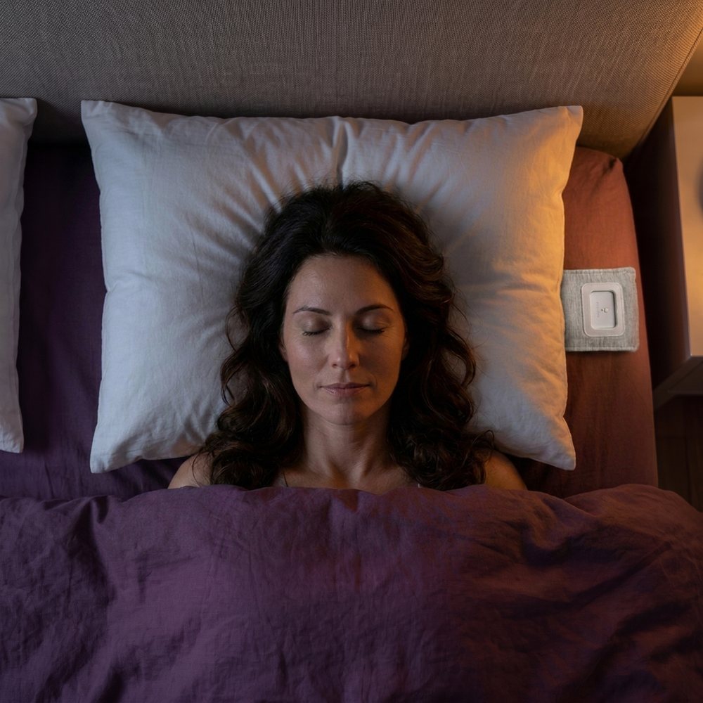A woman asleep on her back, seen from above, Drowsie under her pillow
